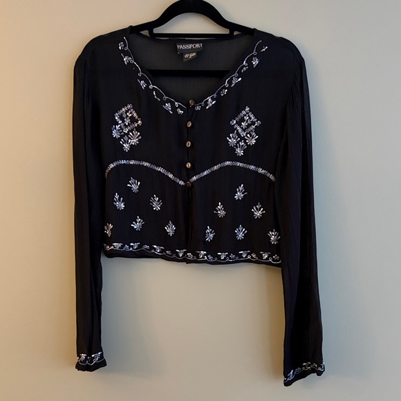 PASSPORT Black Long-Sleeve Sheer Embroidered Crop Blouse size medium - Picture 2 of 12
